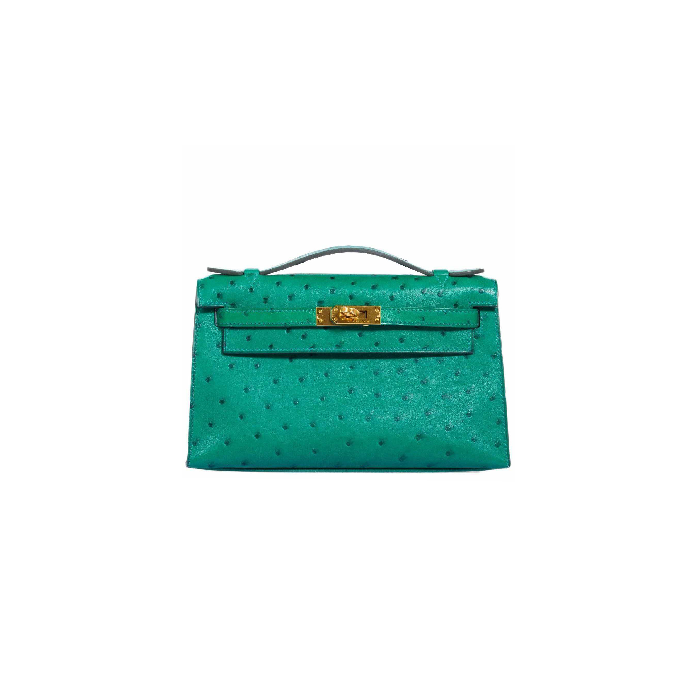 H**mes master kelly pochette vert verone ostrich gold hardware (22*14*7cm)